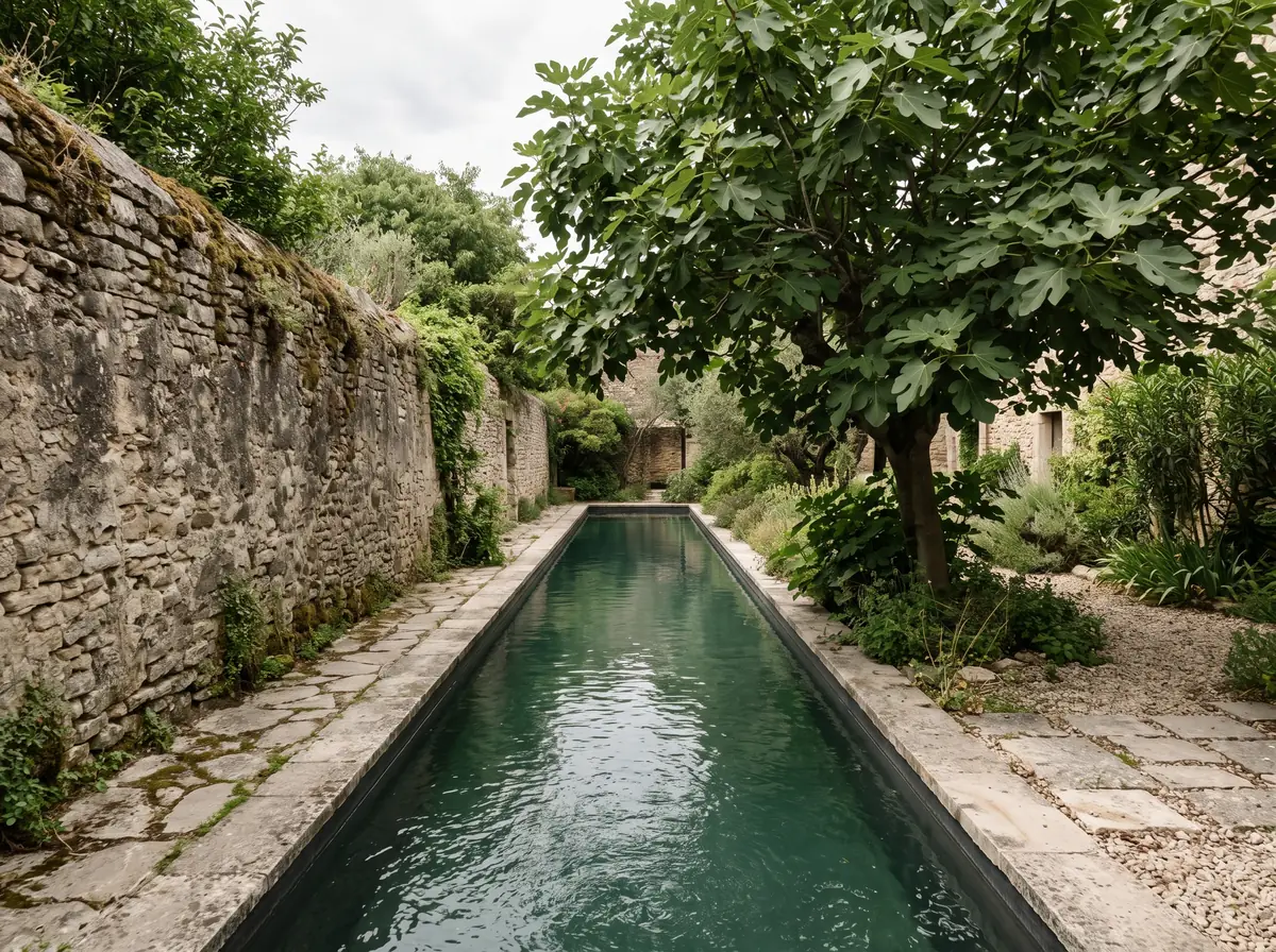 Couloir de nage étroit le long d'un mur en pierre, dans un jardin de village