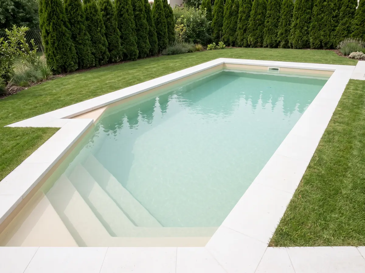 Piscine rénovée avec un revêtement sable et un nouvel escalier d'angle